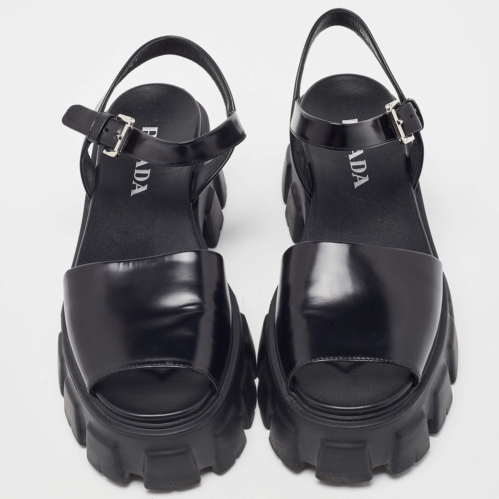 Prada Black Brushed Leather Monolith platform sandals 39